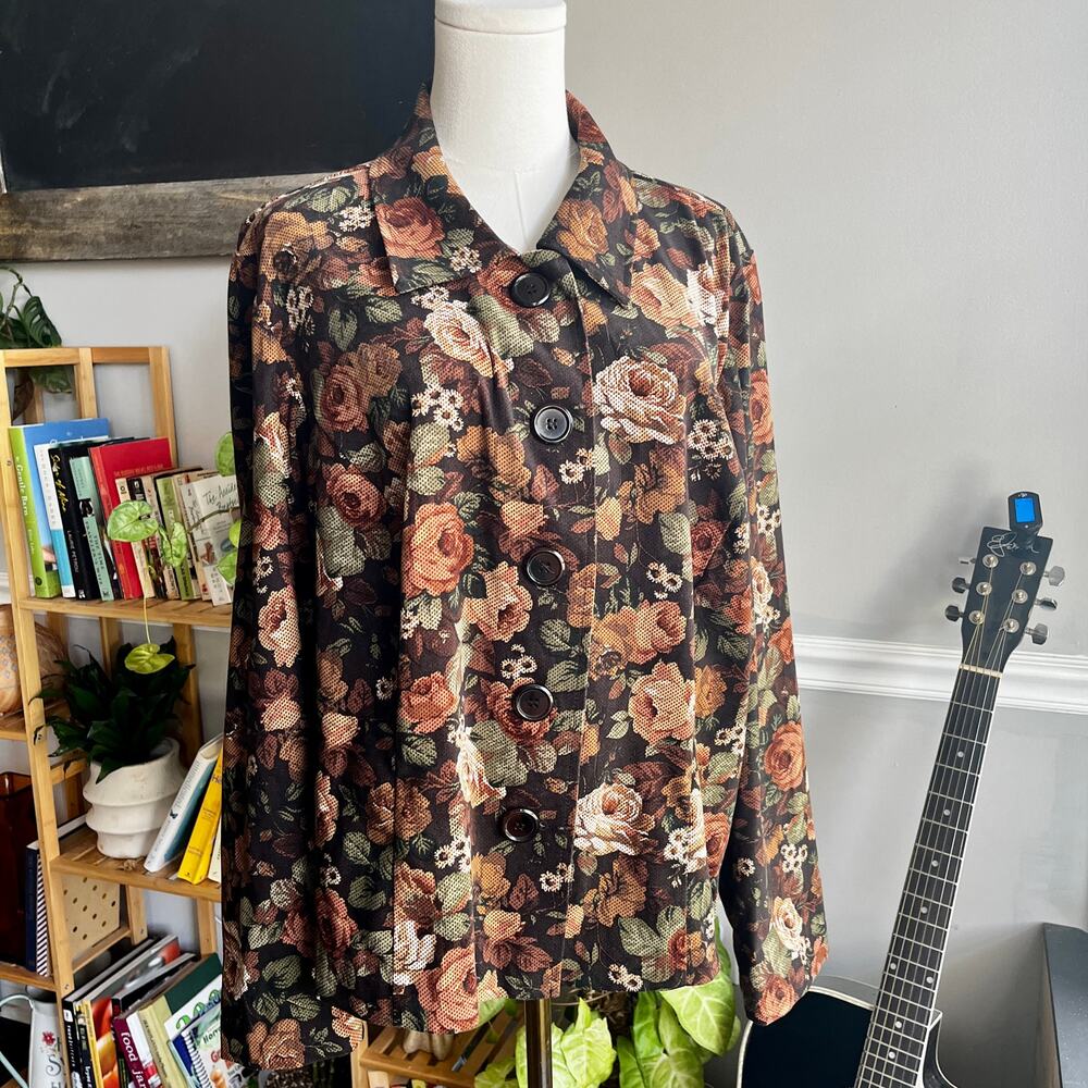 Vintage 90s Lightweght Jacket Dark Floral Roses Size XL 1X